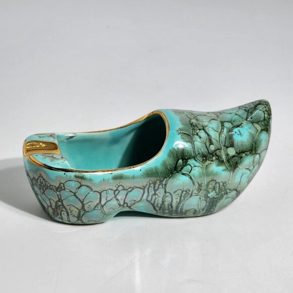Vintage Dutch Ceramic Clog Shoe Turquoise and Gold Hand Painted Made in Holland - Picture 3 of 8